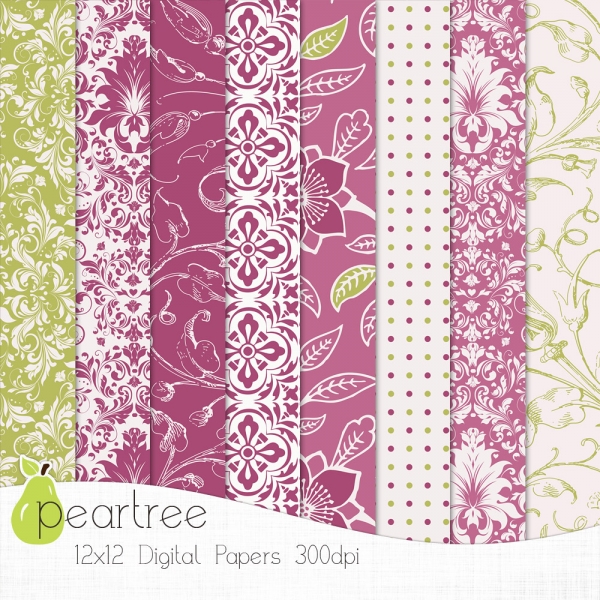 Download Digital Scrapbook Paper - Floral Pink & Green 
