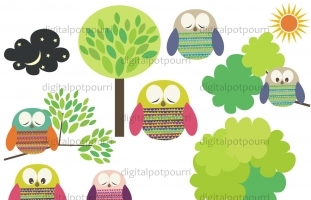 Funky Owls Clip Art