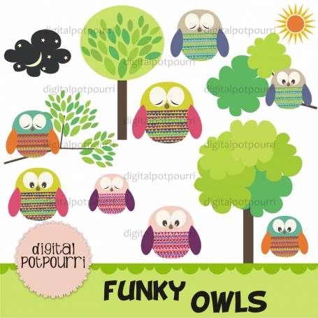 Funky Owls Clip Art