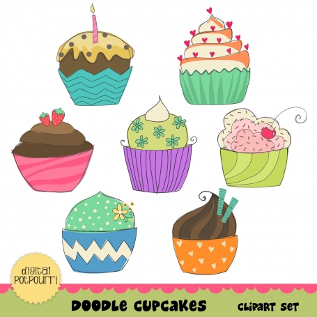 Doodle Cupcakes Brights Clip Art