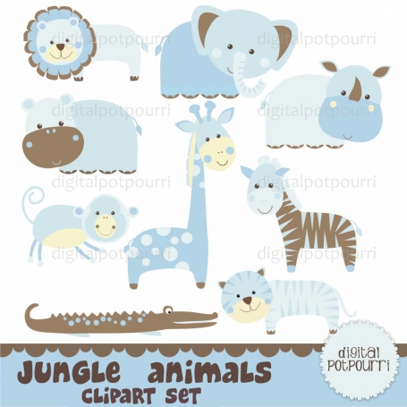 Jungle Animals Blue Clip Art