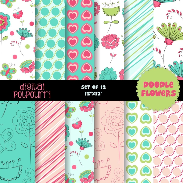 Download Doodle flowers 1 Digital Papers 