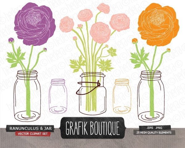 Download Mason Jar Ranunculus Invitation Vector Clip Art   