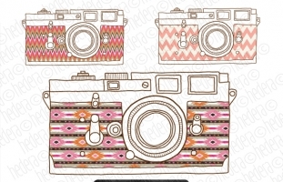 3 Handdrawn Vintage Cameras Aztec