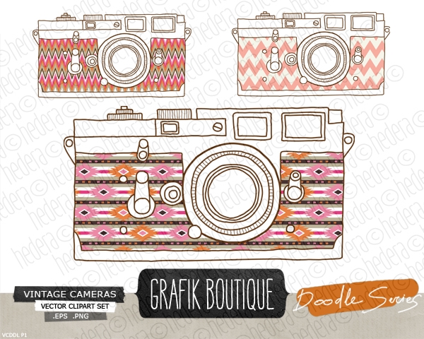 Download 3 Handdrawn Vintage Cameras Aztec Vector Clip Art  