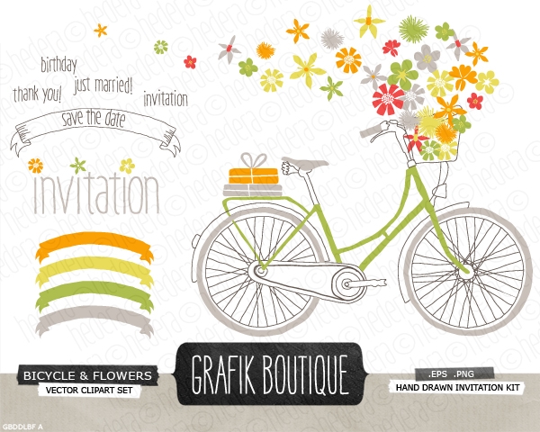 Download Bright Bicycle Flower Basket Invitation Vector Cli 