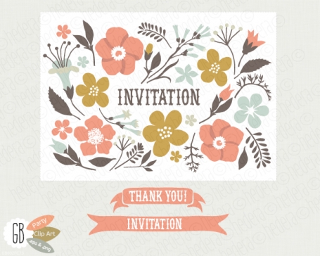 Folk Flowers Invitation Clip Art