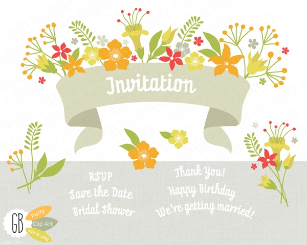 Download Yellow folk flowers invitation ribbon vector clip  