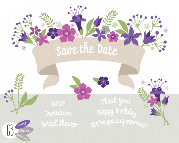 Download Folk purple flowers invitation ribbon vector clip  