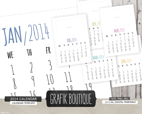Download 2014 calendar template, handwritten typography A4  