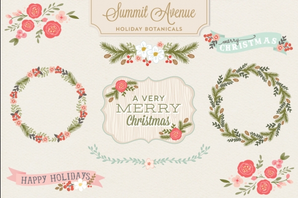 Download VECTOR Holiday Botanical Flowers & Wreaths 