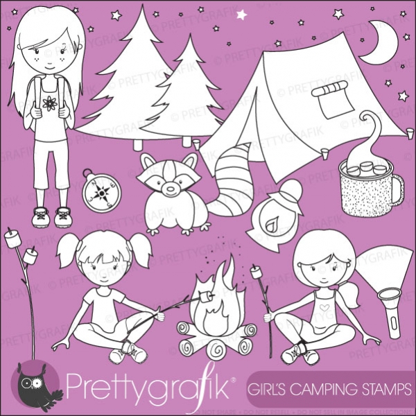 Download girl camping digital stamp (commercial use, vector graphics) 