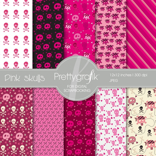 Download  Pink skulls digital paper  (commercial use, scrapbook papers) 