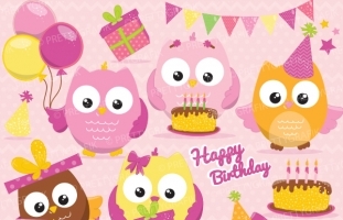 Birthday owls girls  (clipart