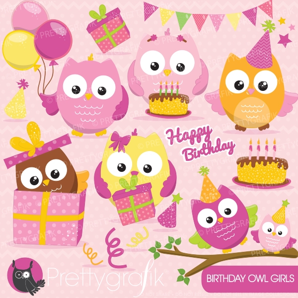 Download Birthday owls girls  (clipart commercial use, vector graphics) 