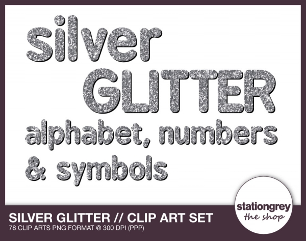 Download Silver glitter - Alphabet, numbers & symbols - clip art set 