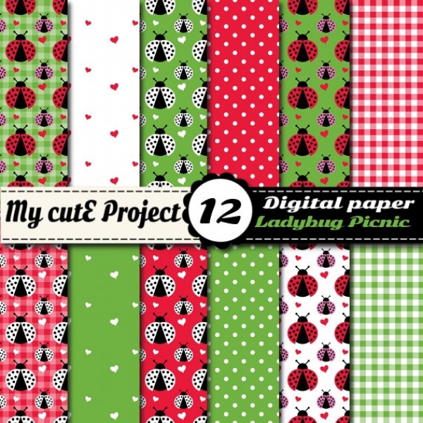 Download Ladybug Picnic - Digital Paper - 12 digital sheets - A4 & 12x12 in 