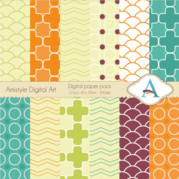 Download Orange,Blue,Green,Aubergine-Digital Paper Pack 