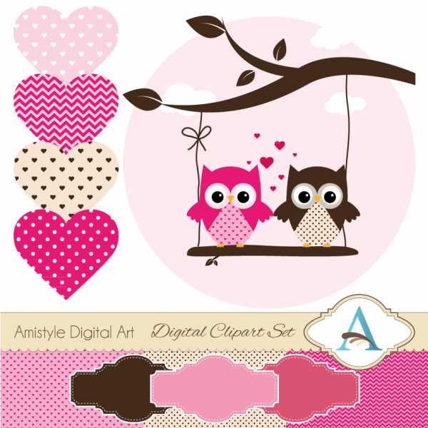 Download Owl & Valentine Themed Clipart and Digital Paper Set  