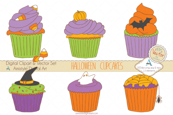 Download Halloween Cupcakes Handdrawn Clipart & EPS Vector Art Set 