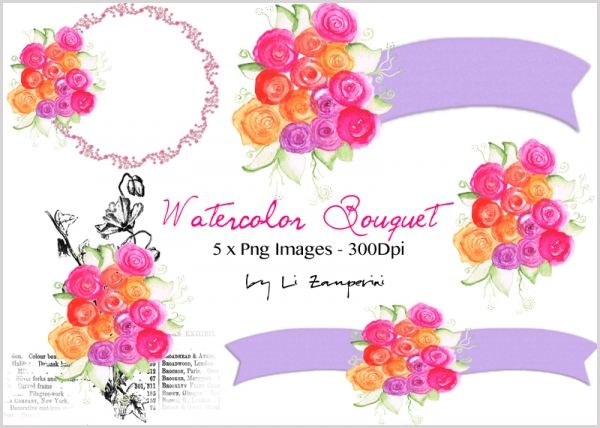 Download Digital PNG 5 x Vintage Clipart, Watercolor Bouquet Handpainted - Flor 