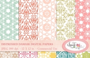 Distressed damask digital papers