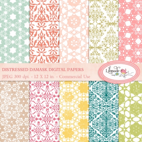 Distressed damask digital papers