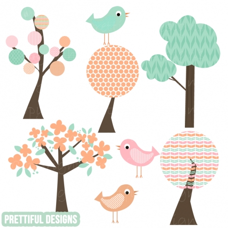 Pastel Spring Tree and Bird Clip