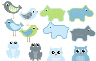 Hippo, Owl, Bird, Frog Clip Art