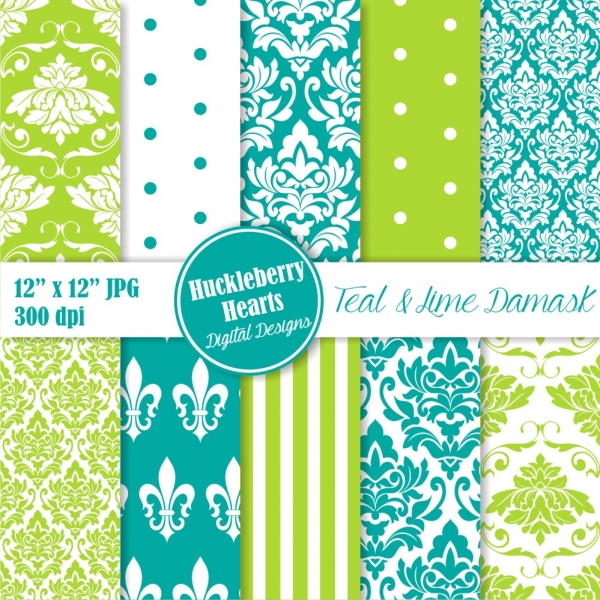 Download Teal and Lime Damask, Wedding Damask, Damask Paper, Digital Damask 