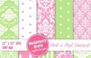 Pink and Mint Damask Paper