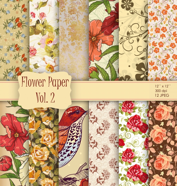 Download Vintage Beige and Red Flowers Digital Paper 