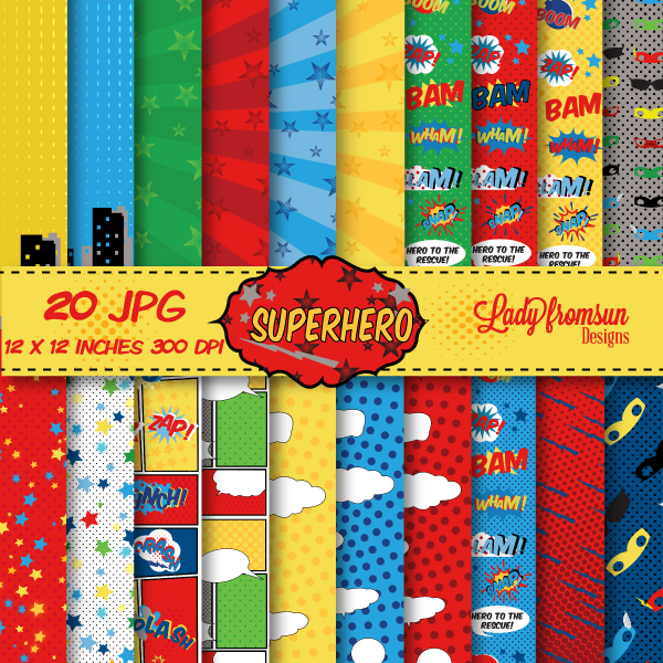 Download SuperHero Digital Paper Pack Comic Book Pages,Action Words,Comic Sound 