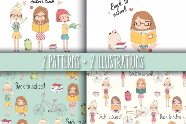 Download School Girls - Seamless Patterns and Illustrations 