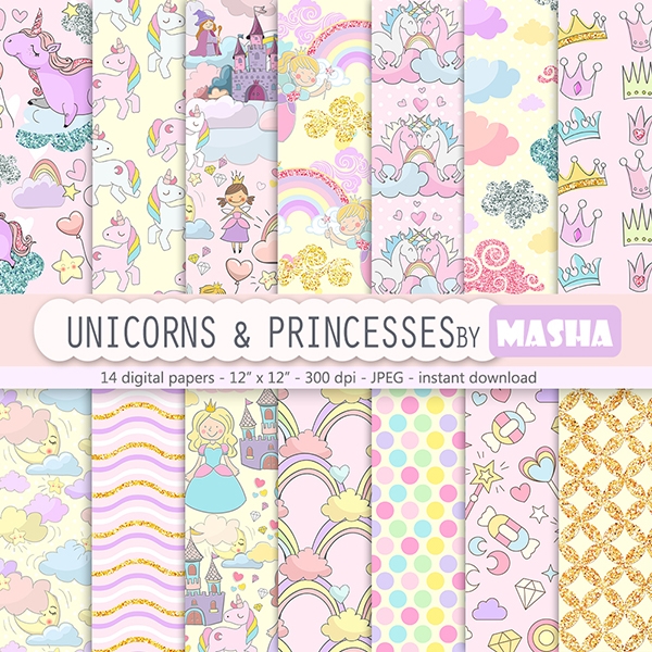 Download Unicorns and Princesses Digital Papers 