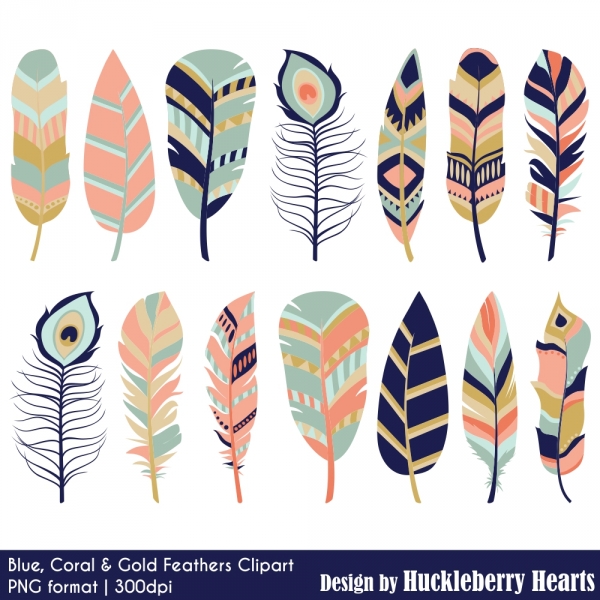 Download Blue, Coral and Gold Feather Clipart  