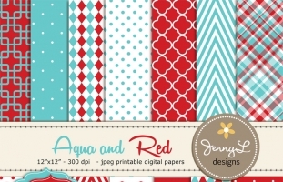 Aqua Blue and Red Digital Papers