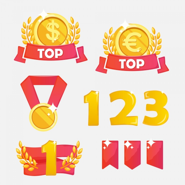 Download Vector Golden Flat medal and trophy and ribbon icon set isolated.  