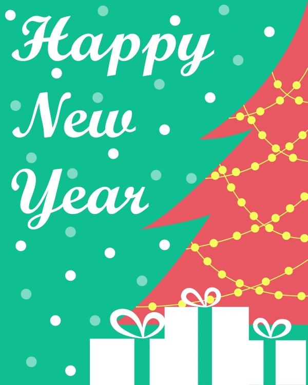 Download The New Year's card with a Christmas tree and gifts. Green background. 