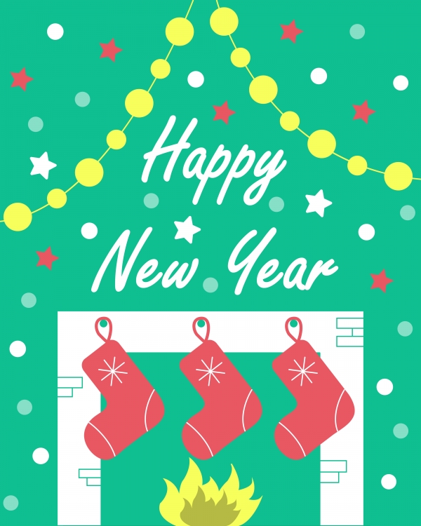 Download The New Year's card with a fireplace and gifts. Green background. 