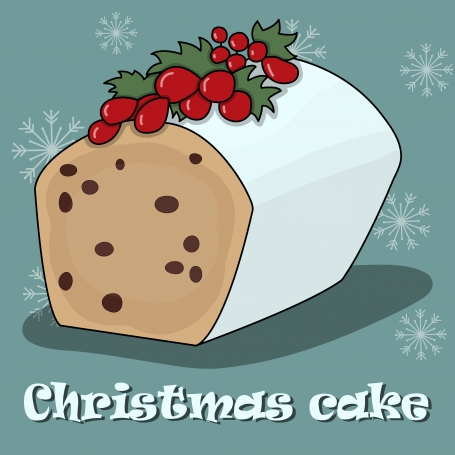 Card with Christmas cake on a blue