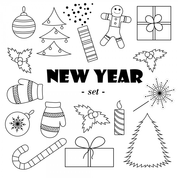 Download Set of black-and-white New Year's elements.White background. 