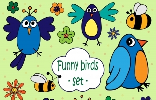 Funny Birds with Flowers and Bees