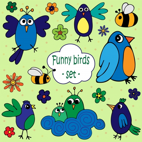 Funny Birds with Flowers and Bees