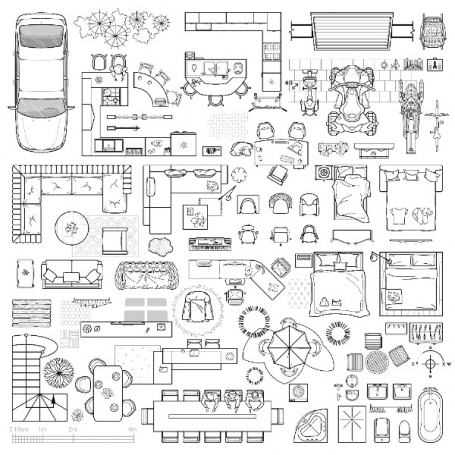 Home furniture in top view for